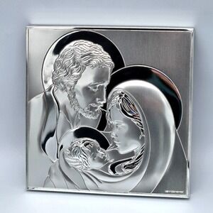 Holy Family‎ Sterling Silver Wall Plaque Mary Joseph Baby Jesus in Relief 6" Sq